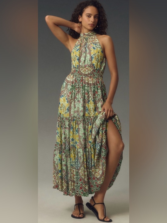 Anthropologie Dresses & Skirts - Anthropologie Halter Floral Maxi Dress in Mint, Yellow & Green